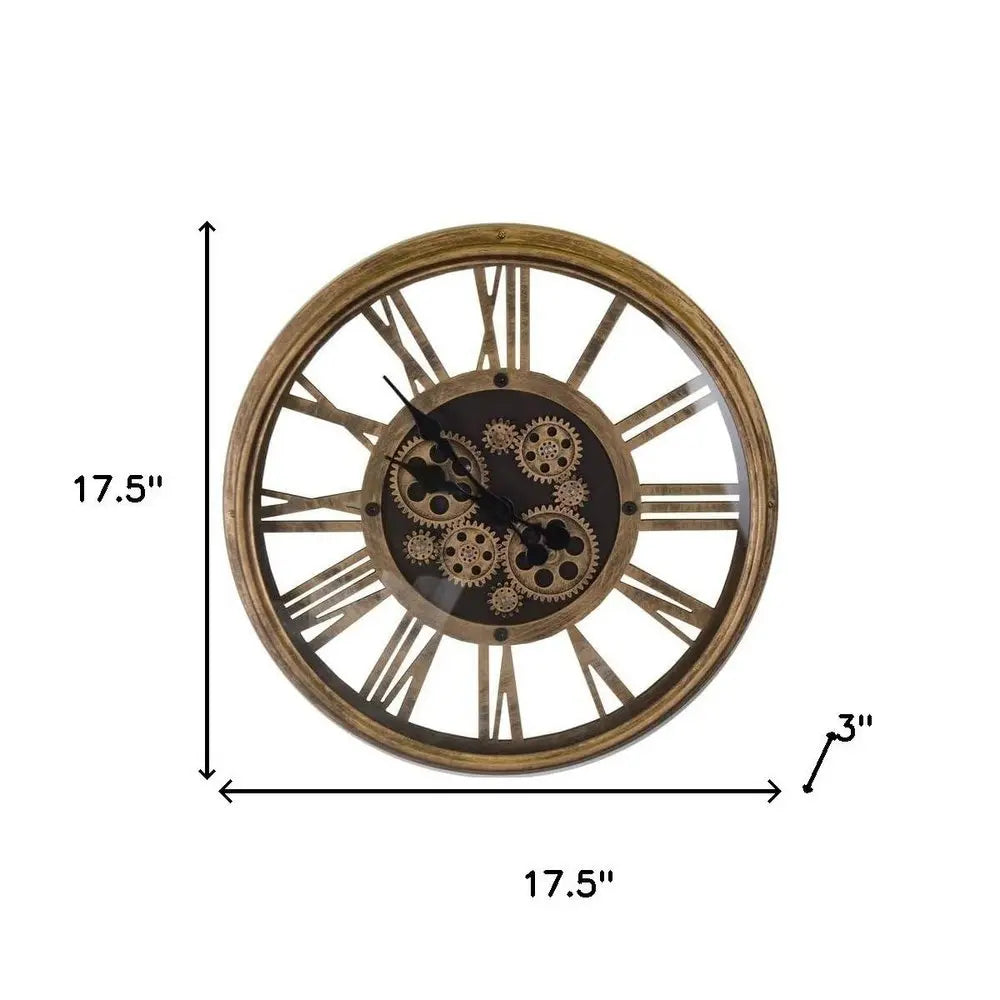 18" Antiqued Gold And Black Metal Silent Skeleton Exposed Gear Round Wall Clock - NOBLE HOME INTERIORS