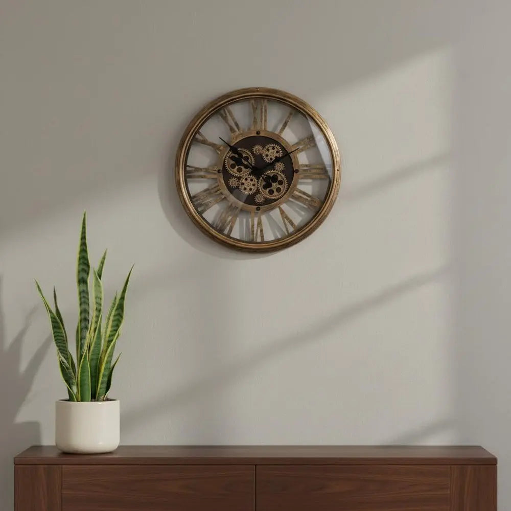 18" Antiqued Gold And Black Metal Silent Skeleton Exposed Gear Round Wall Clock - NOBLE HOME INTERIORS