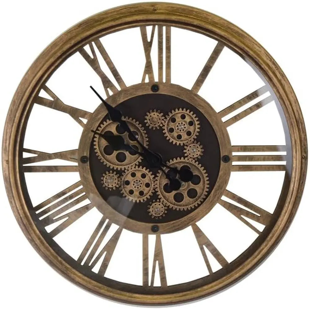 18" Antiqued Gold And Black Metal Silent Skeleton Exposed Gear Round Wall Clock - NOBLE HOME INTERIORS
