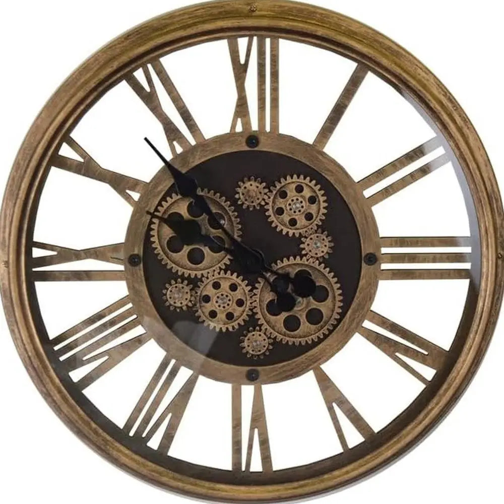 18" Antiqued Gold And Black Metal Silent Skeleton Exposed Gear Round Wall Clock - NOBLE HOME INTERIORS