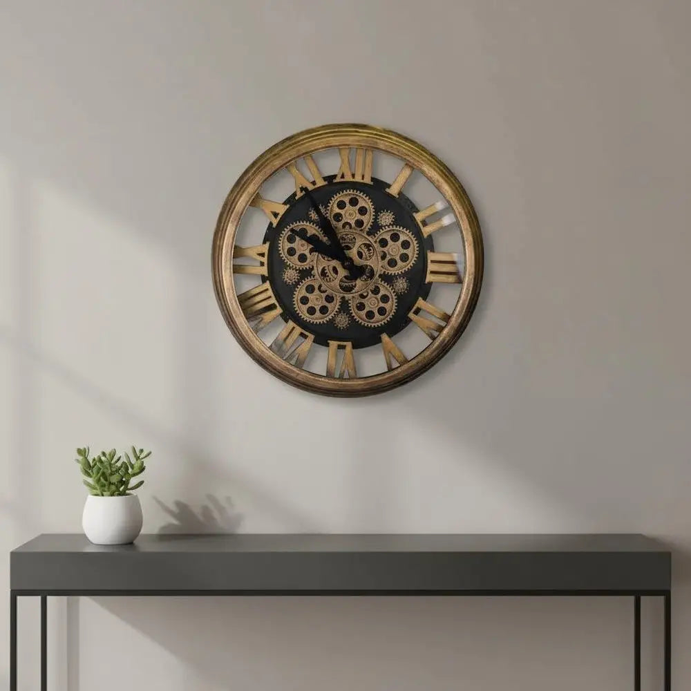 18" Antiqued Gold And Black Metal Silent Skeleton Exposed Gear Round Wall Clock - NOBLE HOME INTERIORS