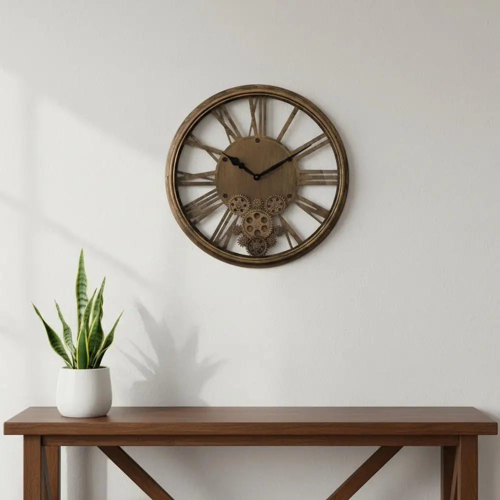 18" Antiqued Gold And Black Metal Silent Skeleton Exposed Gear Round Wall Clock - NOBLE HOME INTERIORS