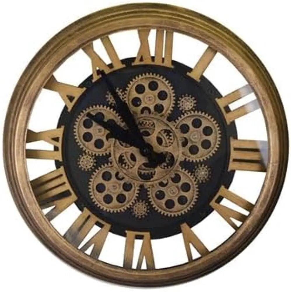 18" Antiqued Gold And Black Metal Silent Skeleton Exposed Gear Round Wall Clock - NOBLE HOME INTERIORS