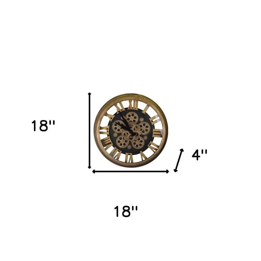 18" Antiqued Gold And Black Metal Silent Skeleton Exposed Gear Round Wall Clock - NOBLE HOME INTERIORS