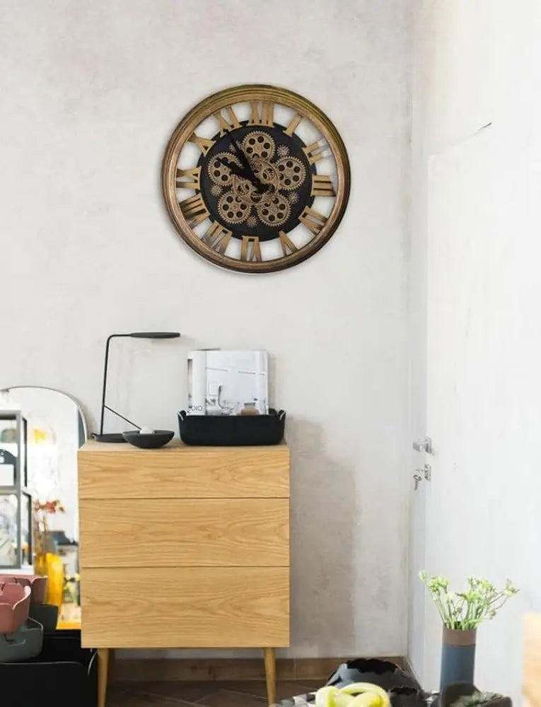 18" Antiqued Gold And Black Metal Silent Skeleton Exposed Gear Round Wall Clock - NOBLE HOME INTERIORS