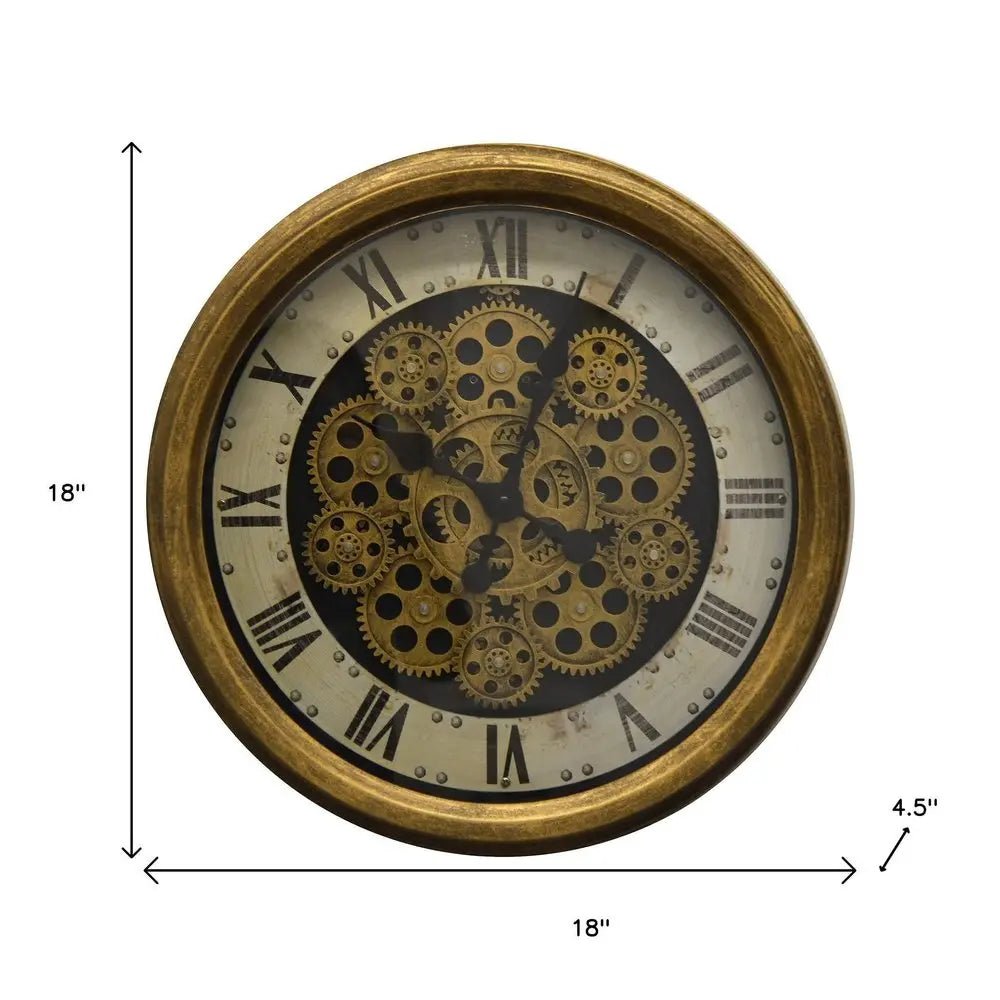 18" Antiqued Gold White And Black Metal Silent Skeleton Distressed Exposed Gear Round Wall Clock HomeRoots