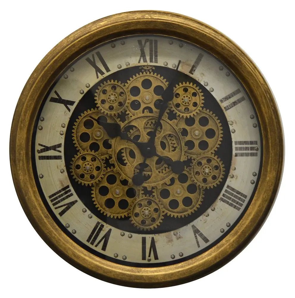 18" Antiqued Gold White And Black Metal Silent Skeleton Distressed Exposed Gear Round Wall Clock HomeRoots