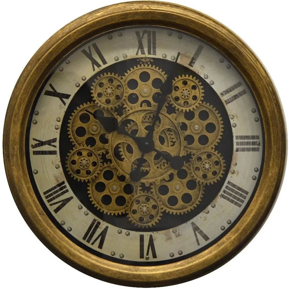 18" Antiqued Gold White And Black Metal Silent Skeleton Distressed Exposed Gear Round Wall Clock HomeRoots