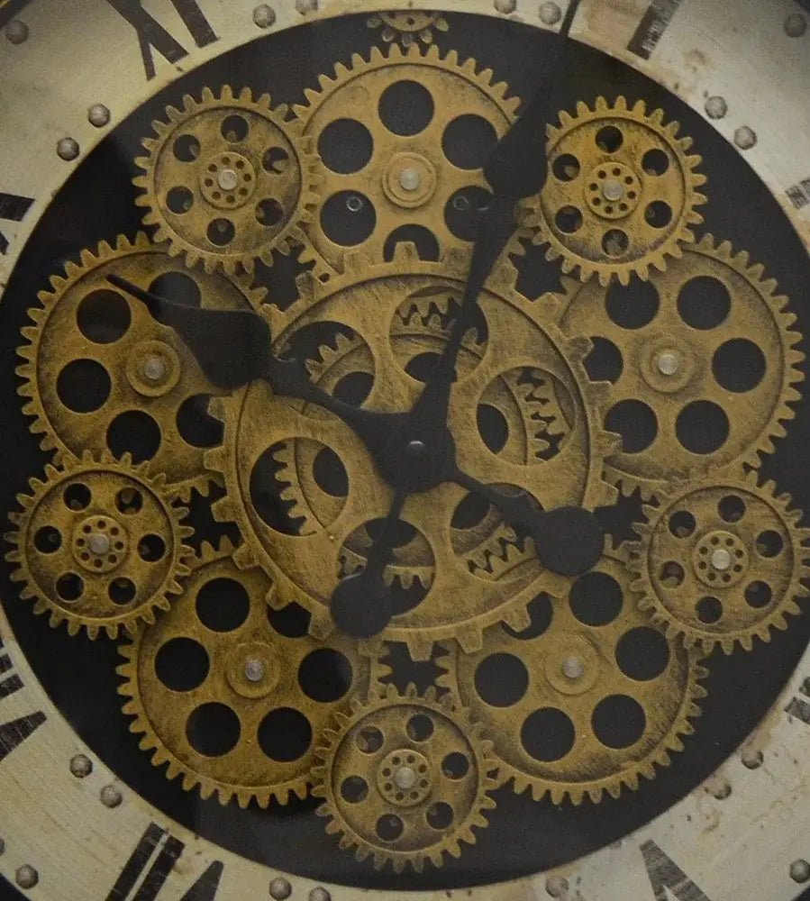 18" Antiqued Gold White And Black Metal Silent Skeleton Distressed Exposed Gear Round Wall Clock HomeRoots