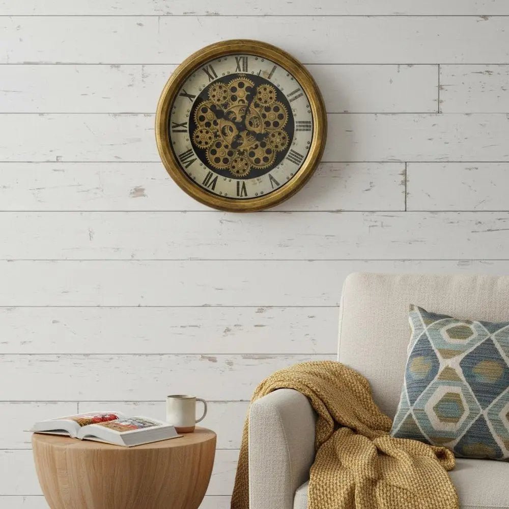 18" Antiqued Gold White And Black Metal Silent Skeleton Distressed Exposed Gear Round Wall Clock HomeRoots