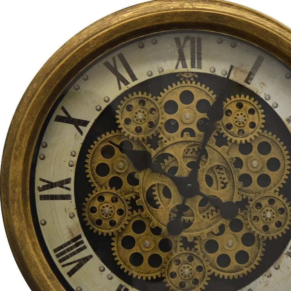 18" Antiqued Gold White And Black Metal Silent Skeleton Distressed Exposed Gear Round Wall Clock HomeRoots