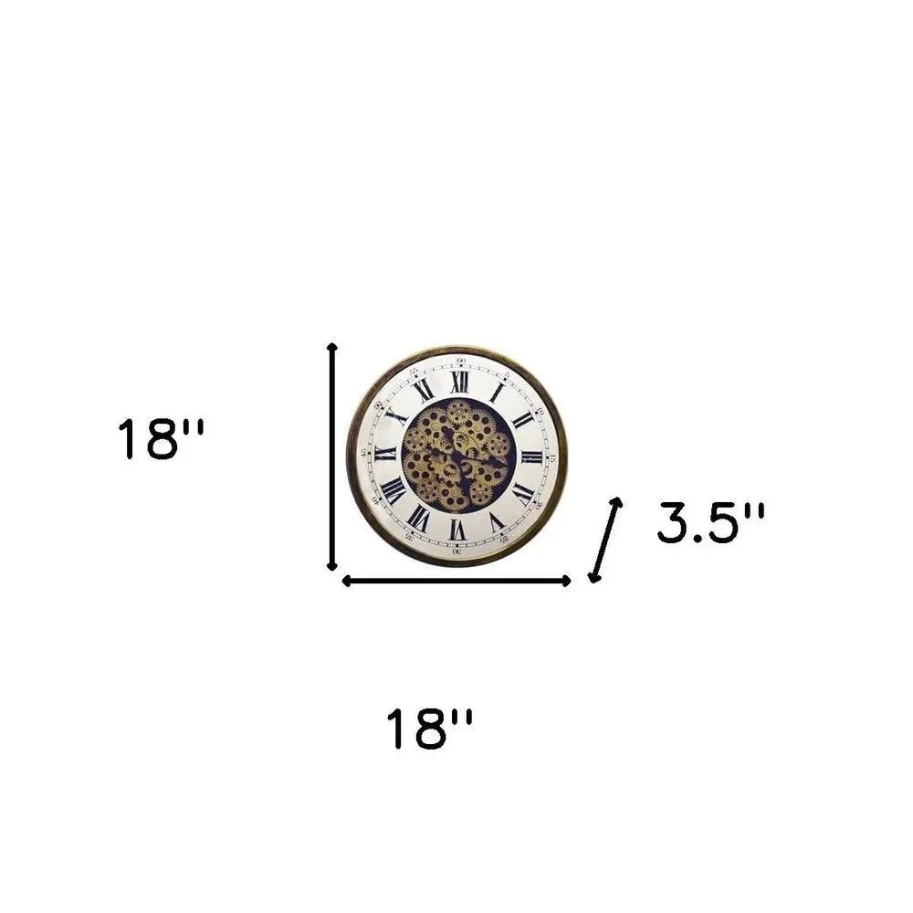 18" Antiqued Gold White And Black Metal Silent Skeleton Exposed Gear Round Wall Clock - NOBLE HOME INTERIORS