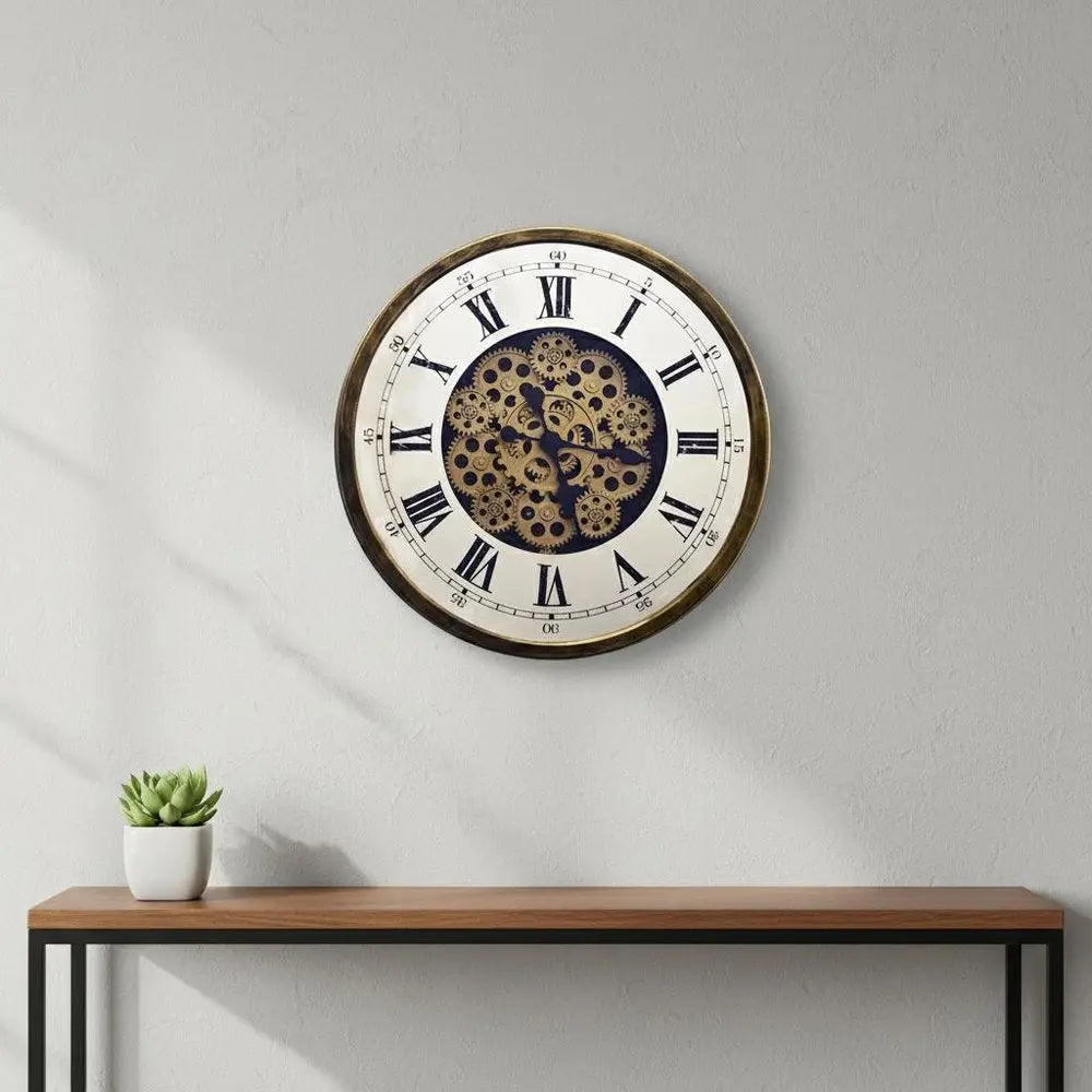 18" Antiqued Gold White And Black Metal Silent Skeleton Exposed Gear Round Wall Clock - NOBLE HOME INTERIORS