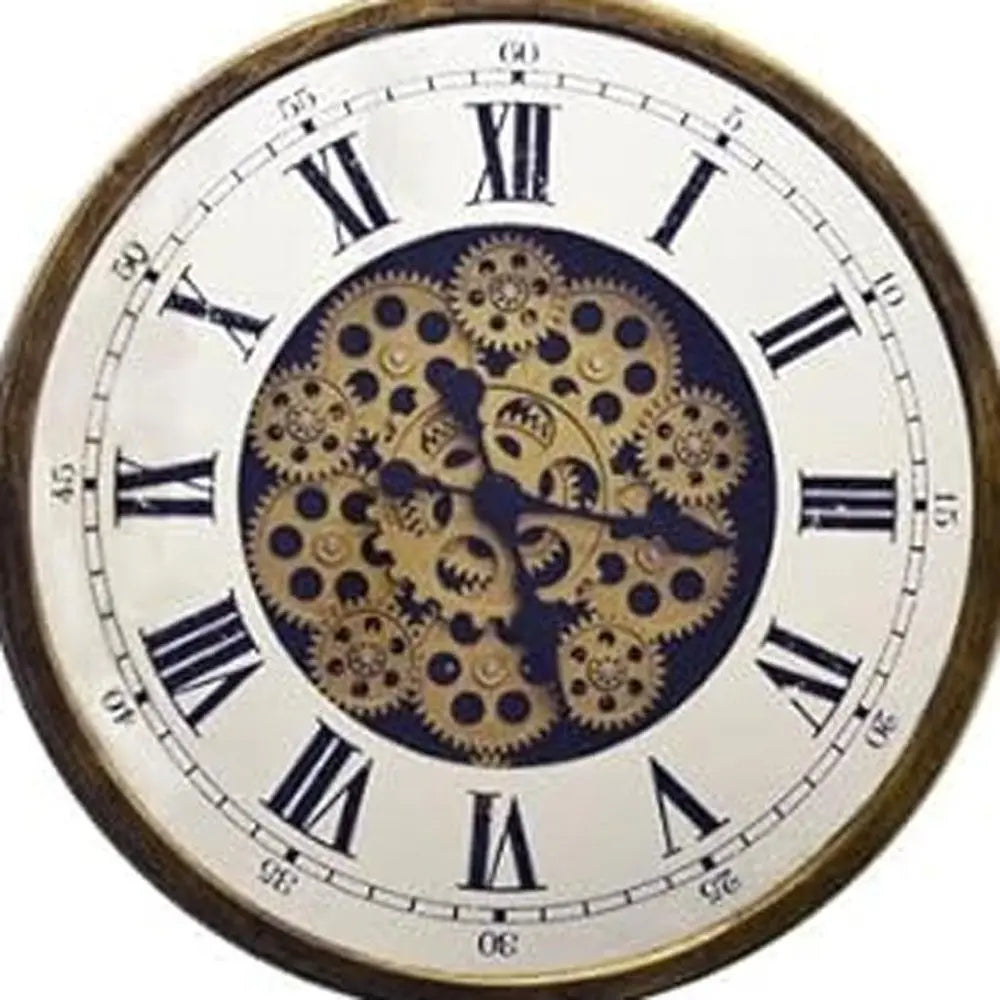 18" Antiqued Gold White And Black Metal Silent Skeleton Exposed Gear Round Wall Clock - NOBLE HOME INTERIORS