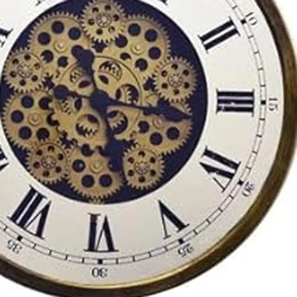 18" Antiqued Gold White And Black Metal Silent Skeleton Exposed Gear Round Wall Clock - NOBLE HOME INTERIORS