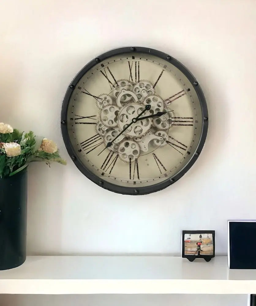 18" Black and Ivory Vintage Gear Industrial Wall Clock - NOBLE HOME INTERIORS