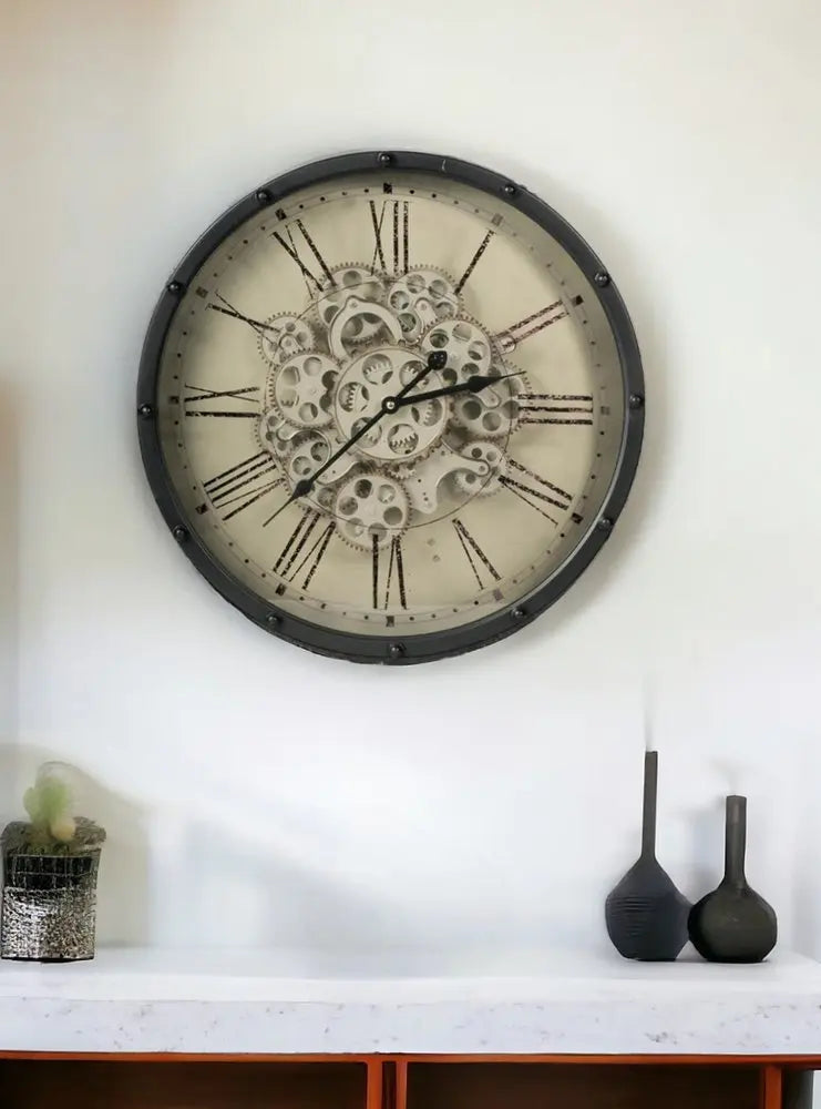 18" Black and Ivory Vintage Gear Industrial Wall Clock - NOBLE HOME INTERIORS