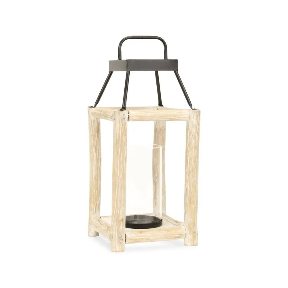18" Black And Natural Distressed Glass Metal And Wood Tabletop Lantern Candle Holder HomeRoots