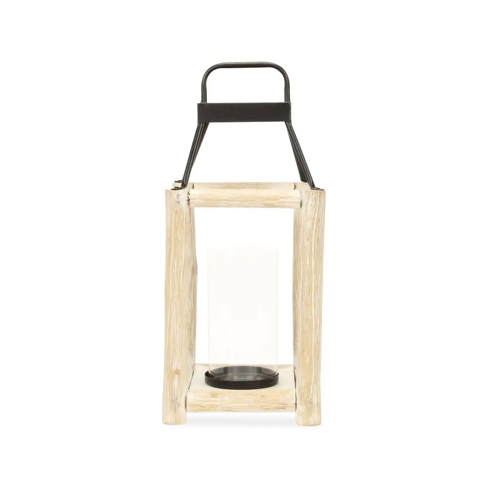 18" Black And Natural Distressed Glass Metal And Wood Tabletop Lantern Candle Holder HomeRoots
