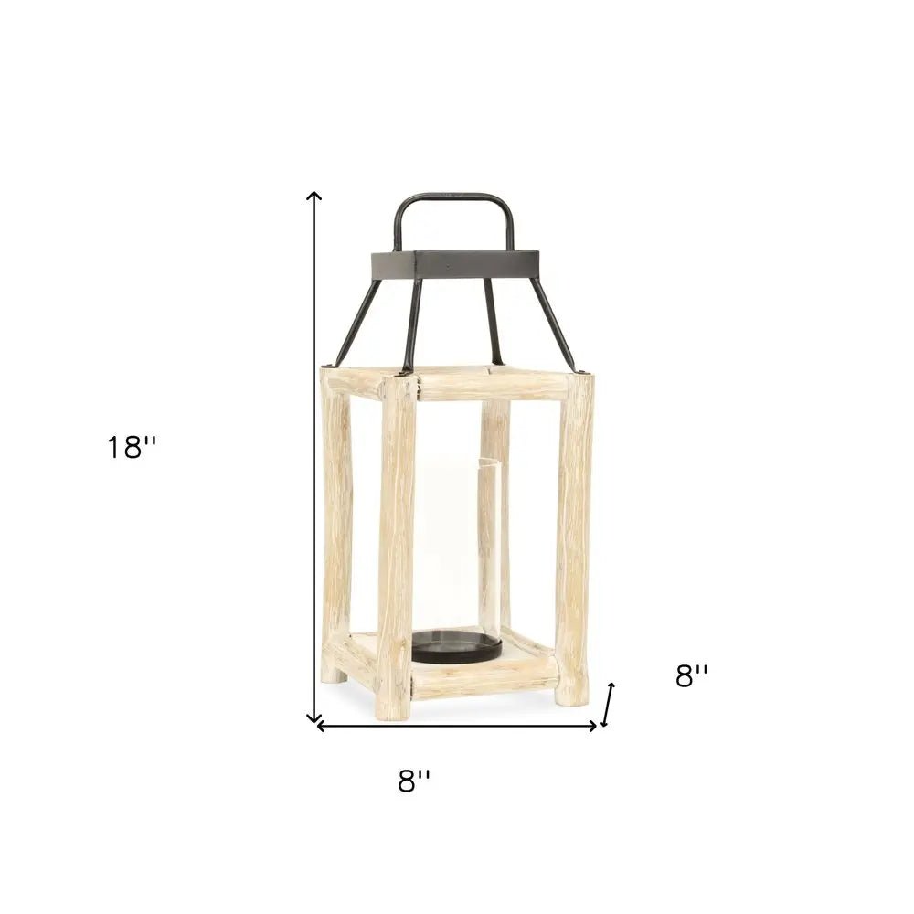 18" Black And Natural Distressed Glass Metal And Wood Tabletop Lantern Candle Holder HomeRoots
