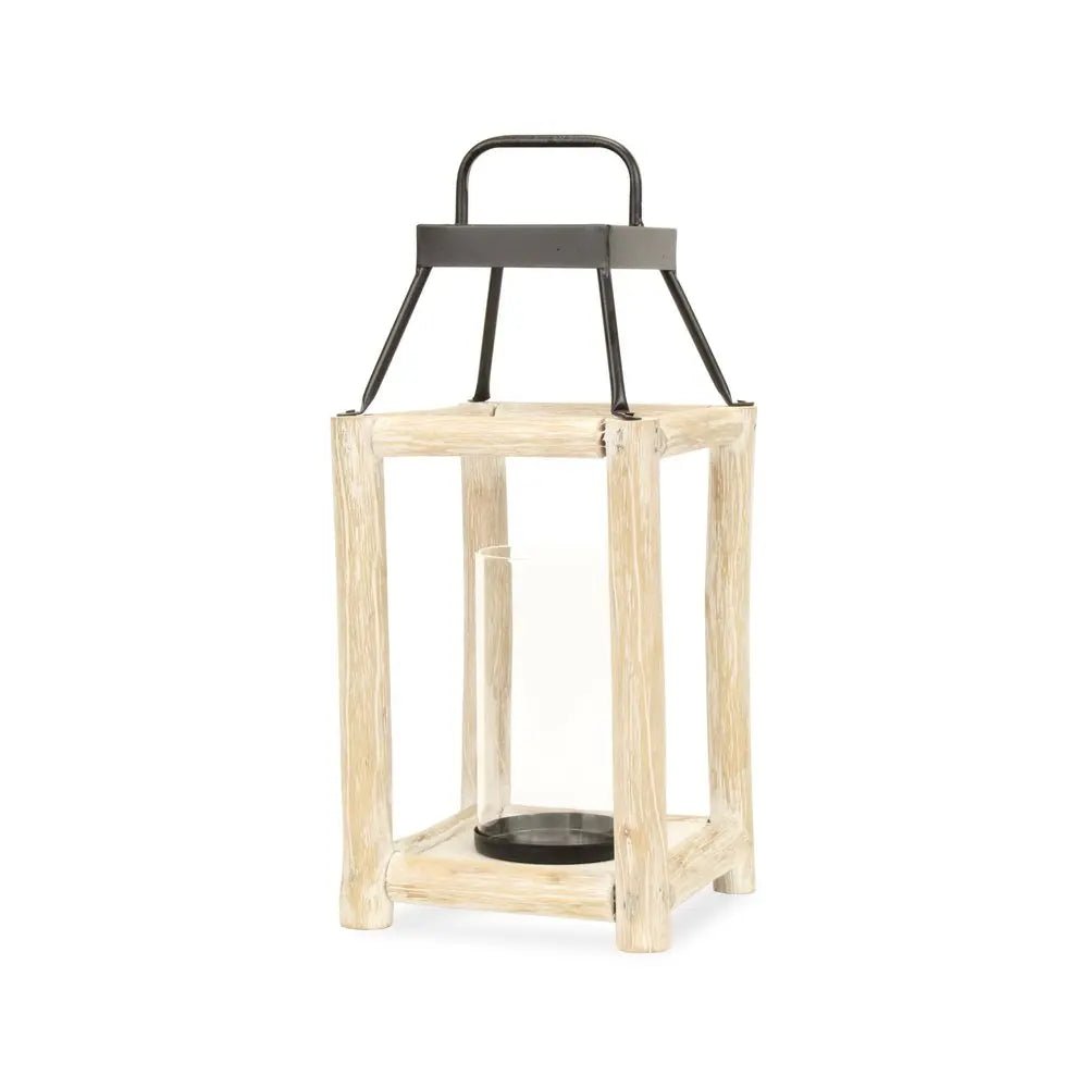 18" Black And Natural Distressed Glass Metal And Wood Tabletop Lantern Candle Holder HomeRoots
