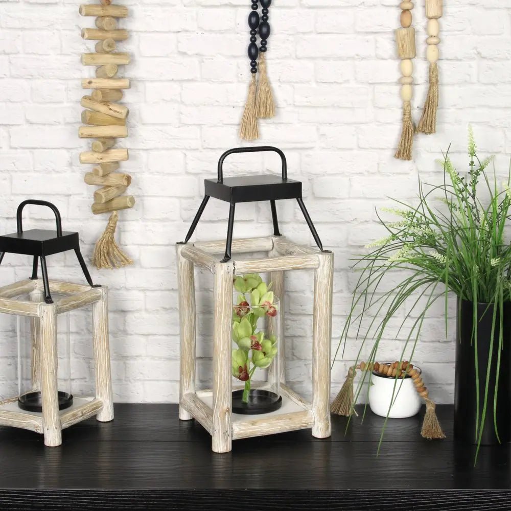 18" Black And Natural Distressed Glass Metal And Wood Tabletop Lantern Candle Holder HomeRoots