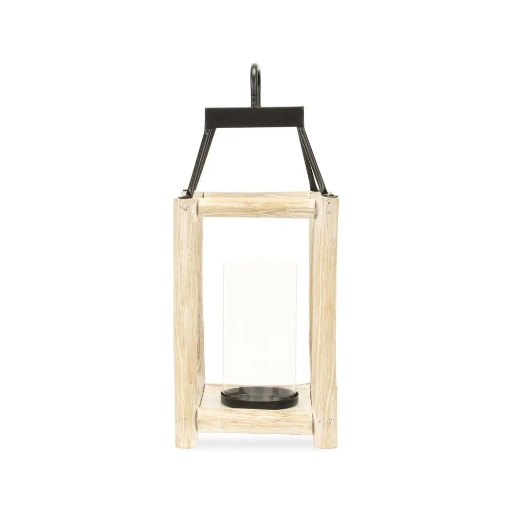 18" Black And Natural Distressed Glass Metal And Wood Tabletop Lantern Candle Holder HomeRoots