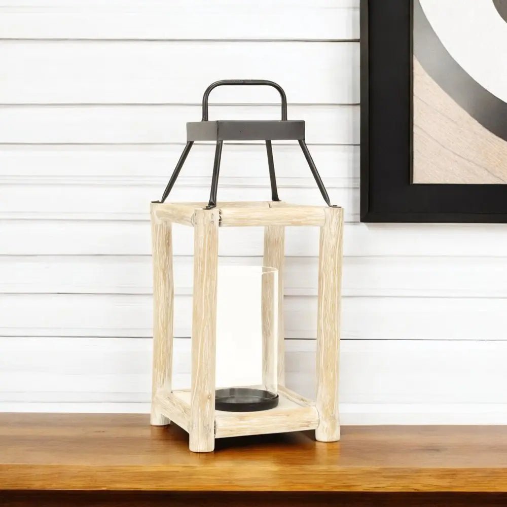 18" Black And Natural Distressed Glass Metal And Wood Tabletop Lantern Candle Holder HomeRoots