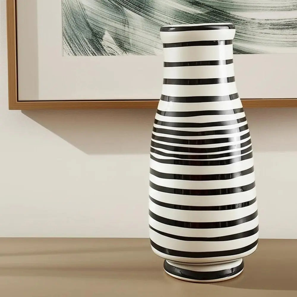18" Black And White Hand Painted Stripe Ceramic Table Vase - NOBLE HOME INTERIORS