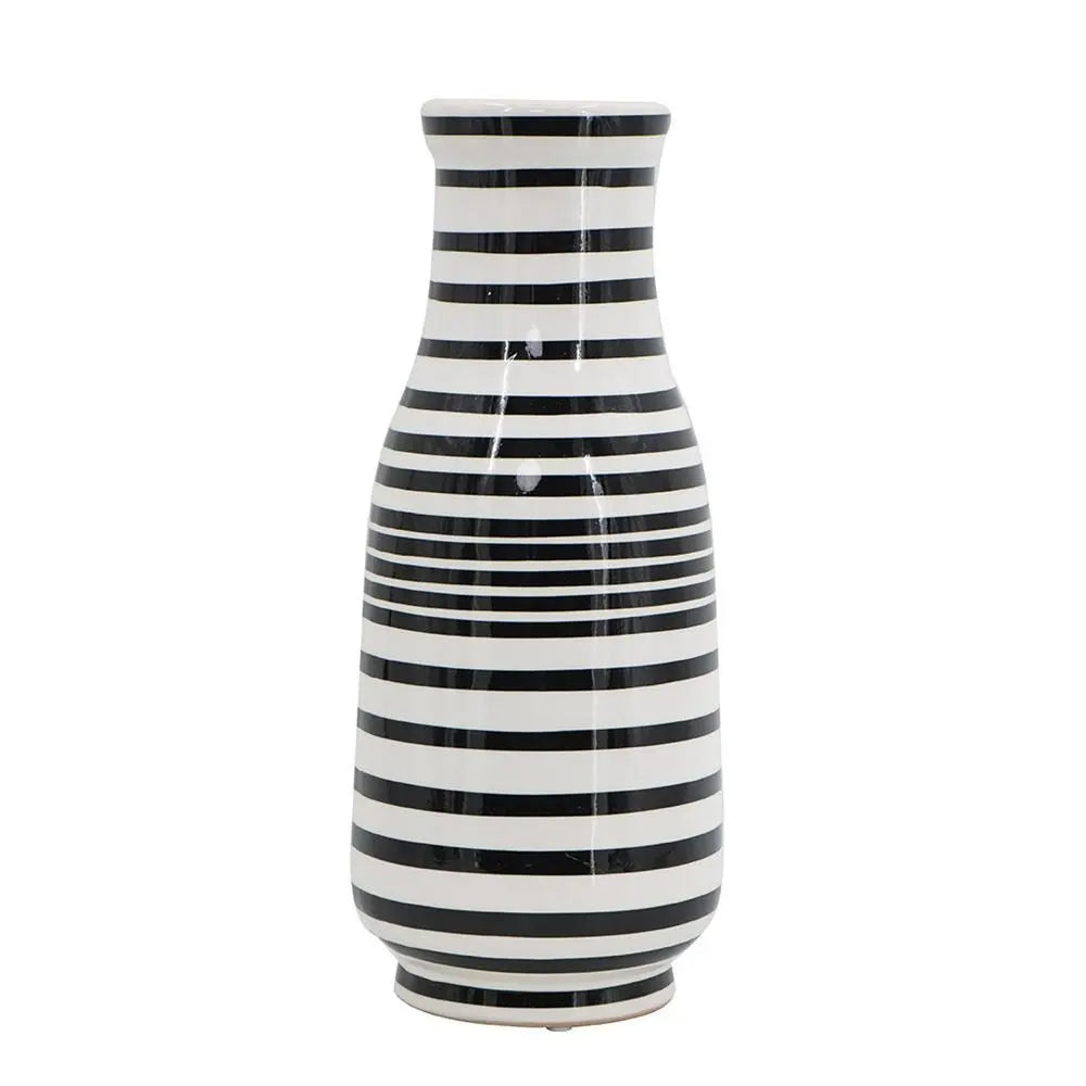 18" Black And White Hand Painted Stripe Ceramic Table Vase - NOBLE HOME INTERIORS