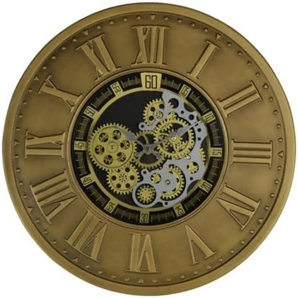 18" Black Gold And Silver Metal Silent Skeleton Exposed Gear Round Wall Clock - NOBLE HOME INTERIORS