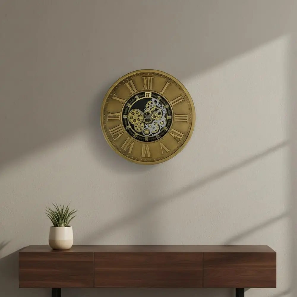 18" Black Gold And Silver Metal Silent Skeleton Exposed Gear Round Wall Clock - NOBLE HOME INTERIORS