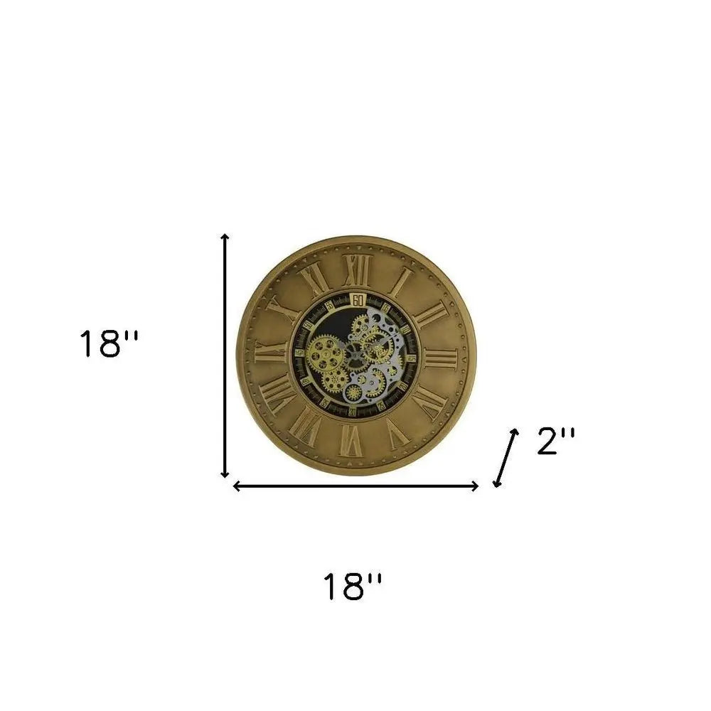 18" Black Gold And Silver Metal Silent Skeleton Exposed Gear Round Wall Clock - NOBLE HOME INTERIORS