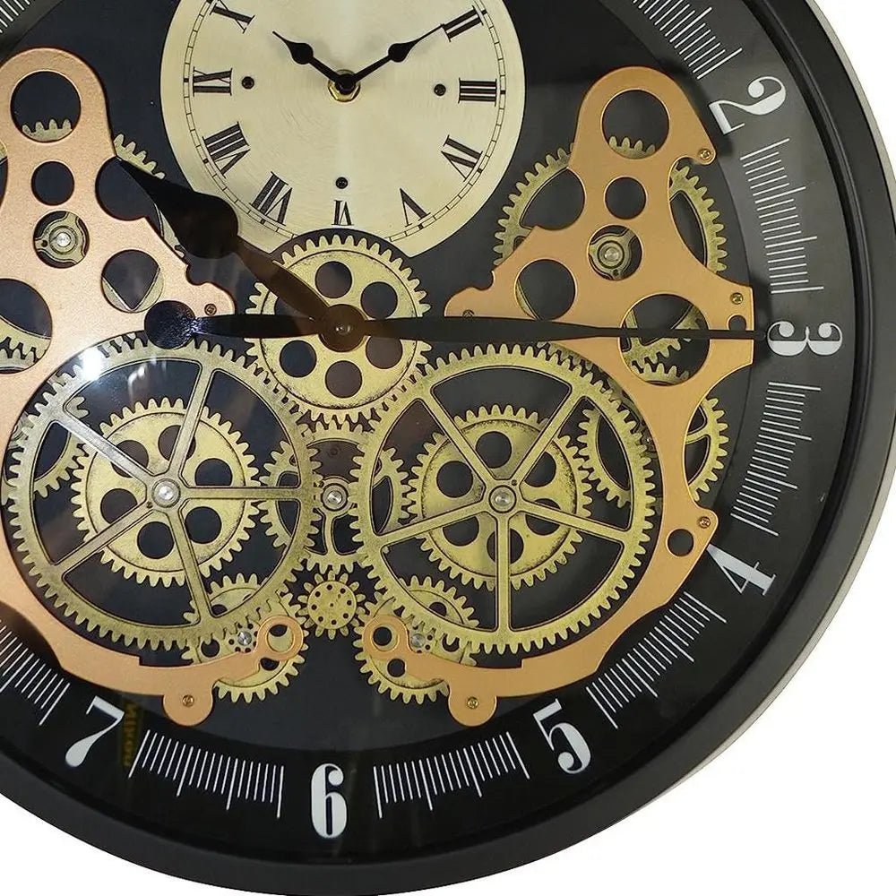 18" Black Gold And White Metal Silent Skeleton Exposed Gear Round Wall Clock HomeRoots