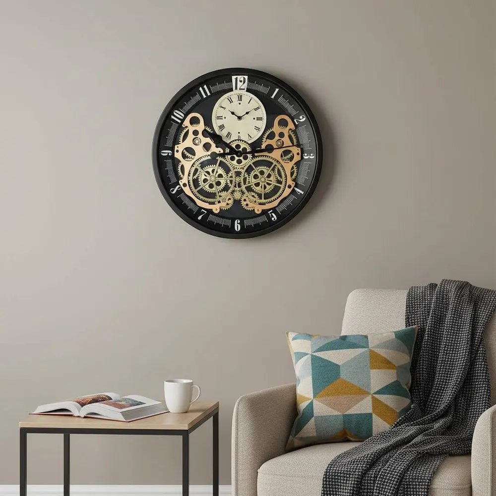 18" Black Gold And White Metal Silent Skeleton Exposed Gear Round Wall Clock HomeRoots