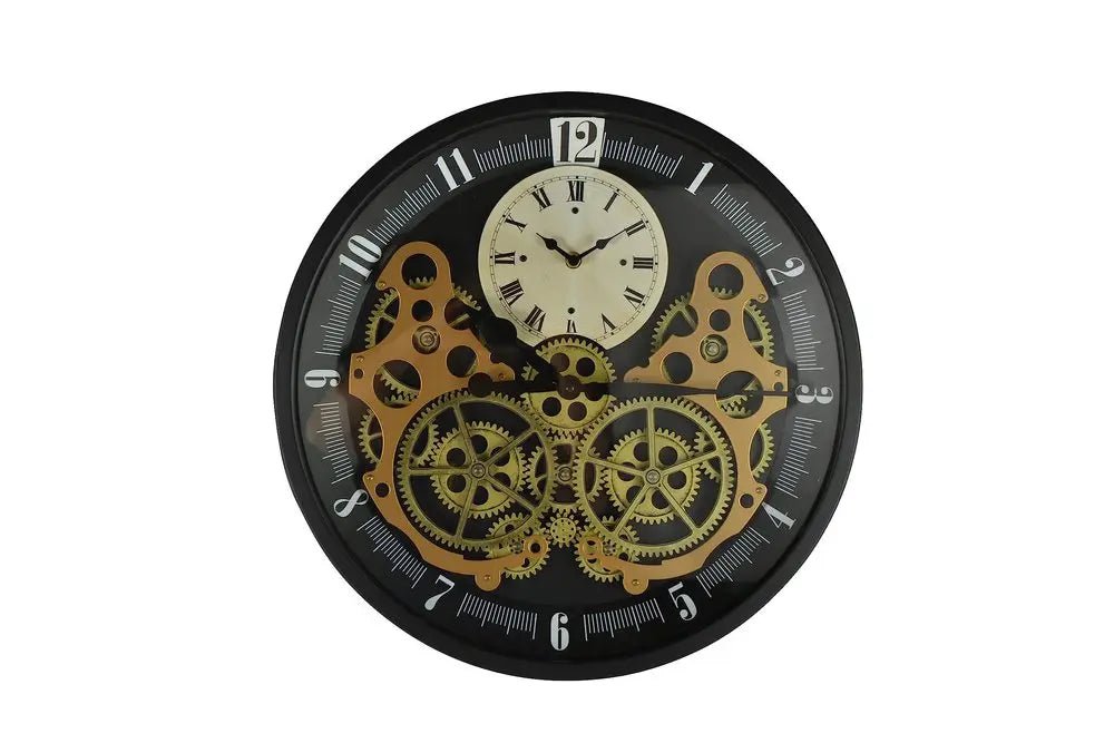 18" Black Gold And White Metal Silent Skeleton Exposed Gear Round Wall Clock HomeRoots