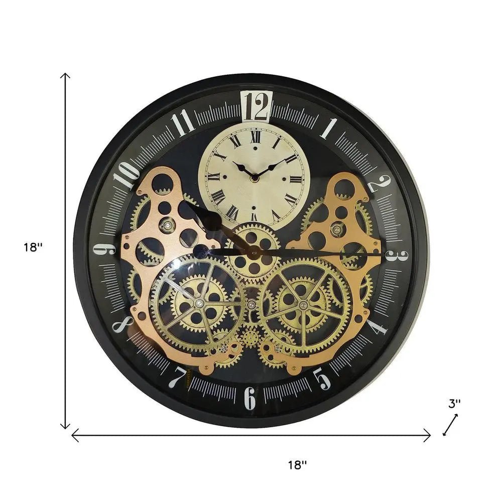 18" Black Gold And White Metal Silent Skeleton Exposed Gear Round Wall Clock HomeRoots