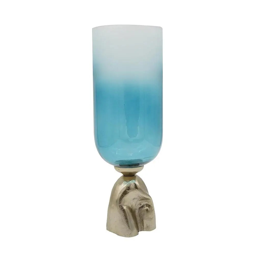 18" Blue White And Gold Ombre Glass And Aluminum Pedestal Table Vase - NOBLE HOME INTERIORS