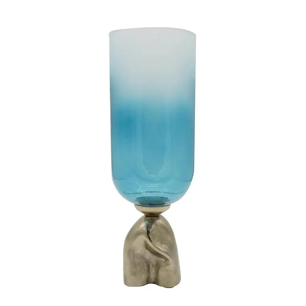 18" Blue White And Gold Ombre Glass And Aluminum Pedestal Table Vase - NOBLE HOME INTERIORS