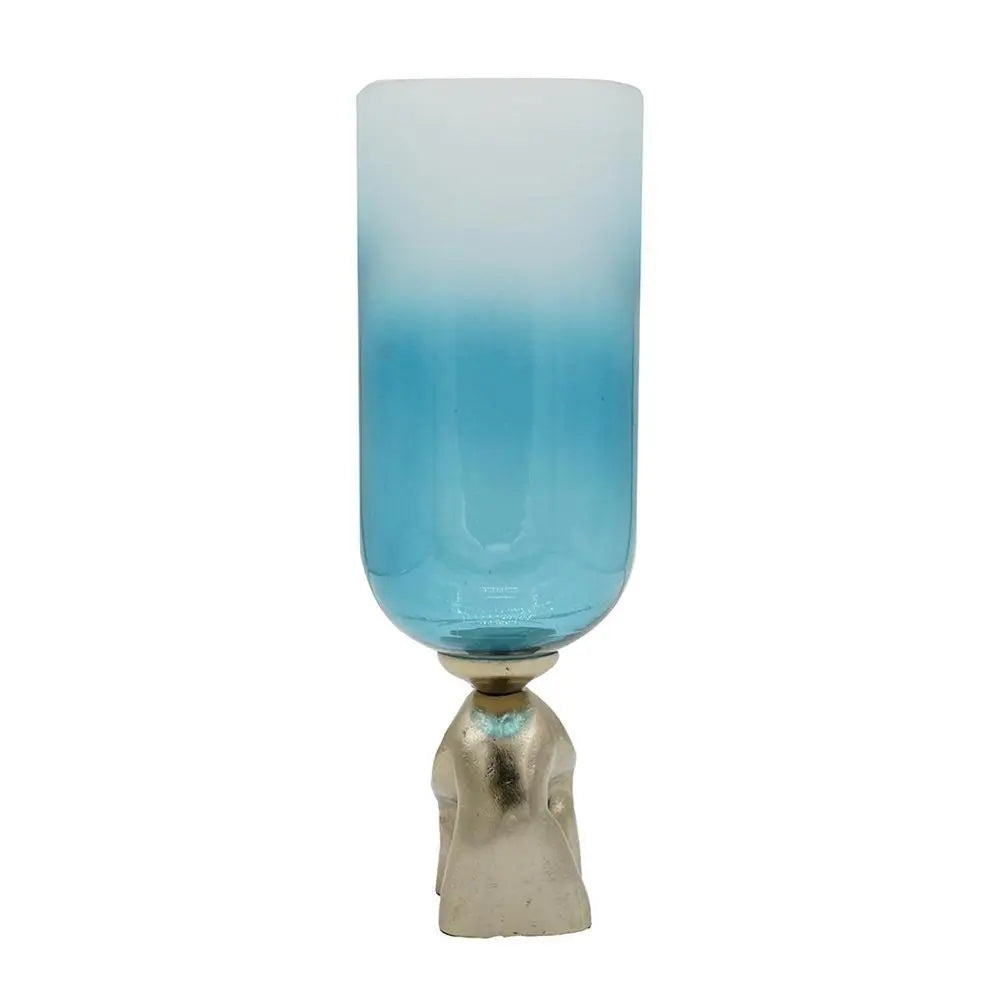 18" Blue White And Gold Ombre Glass And Aluminum Pedestal Table Vase - NOBLE HOME INTERIORS