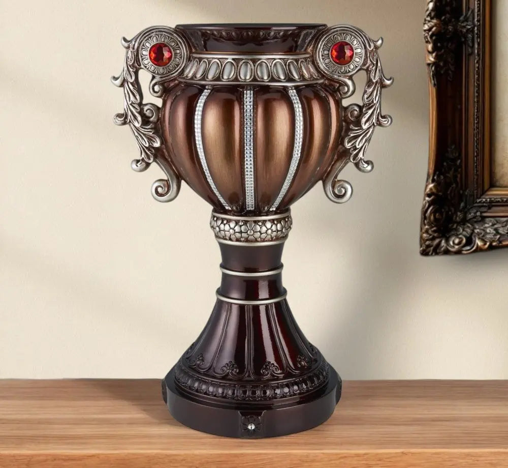 18" Bronze and Silver Floral Urn Polyresin Table Vase With Stones - NOBLE HOME INTERIORS