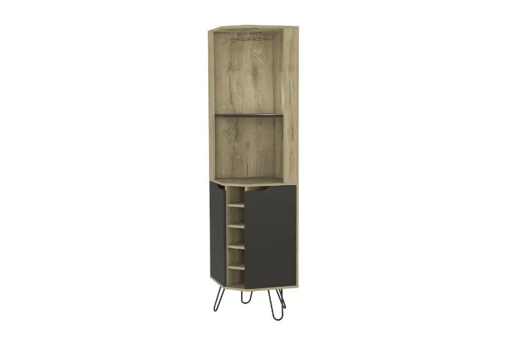 18" Brown and Black and Brown Corner Bar Cabinet With Eleven Shelves HomeRoots