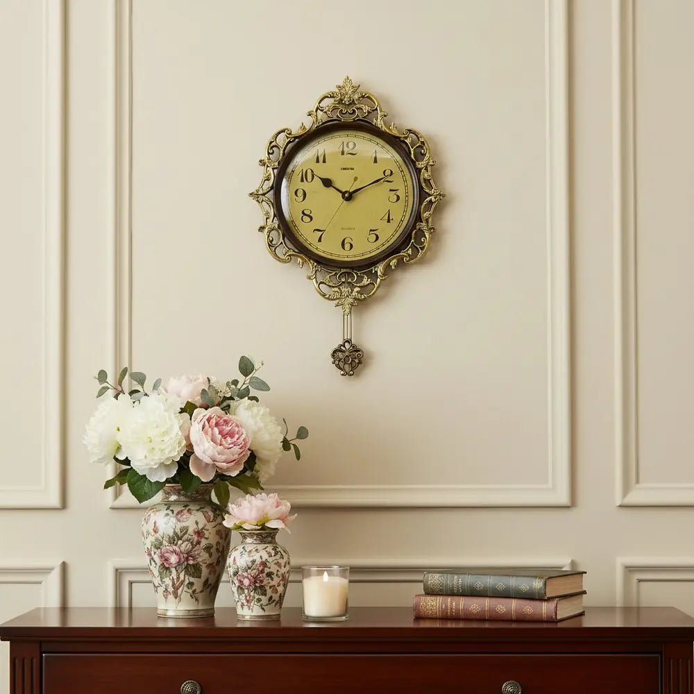 18" Brown Gold And Black Resin Silent Pendulum Ornate Round Wall Clock HomeRoots