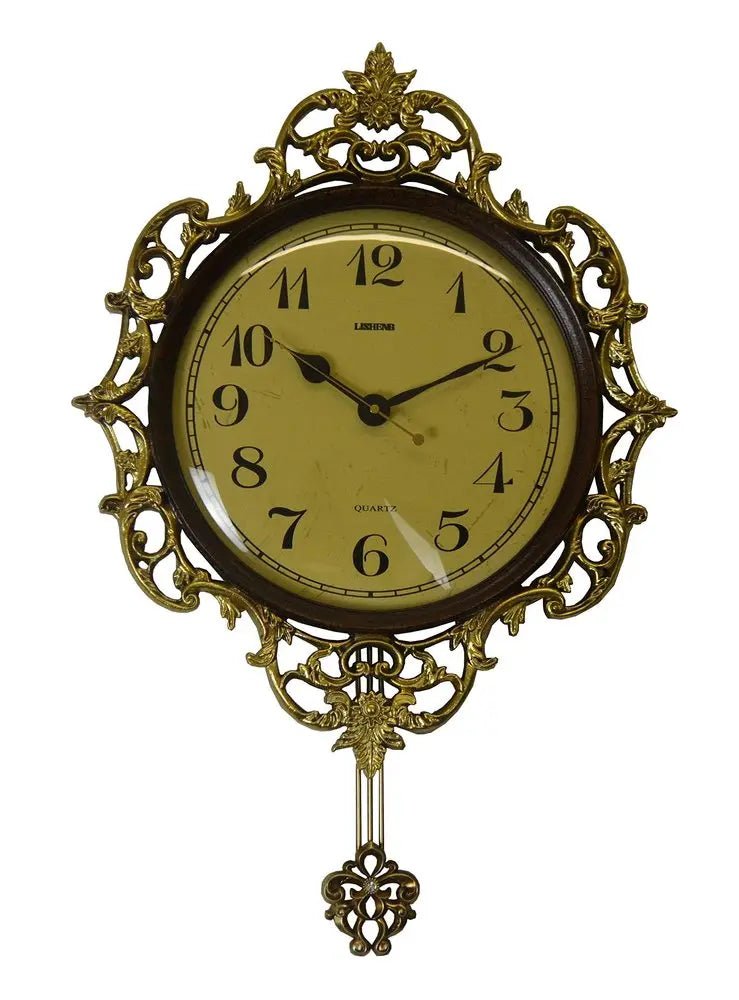 18" Brown Gold And Black Resin Silent Pendulum Ornate Round Wall Clock HomeRoots