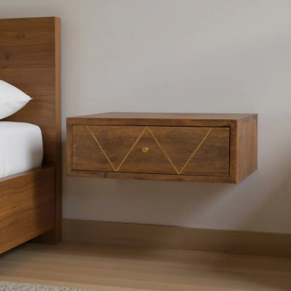 18" Brown Solid Wood Geometric Brass Inlay One Drawer Floating Nightstand - NOBLE HOME INTERIORS