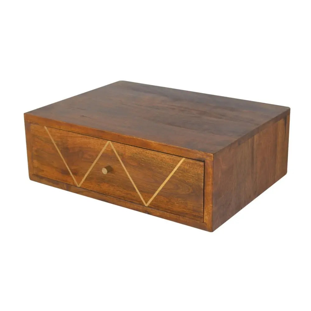 18" Brown Solid Wood Geometric Brass Inlay One Drawer Floating Nightstand - NOBLE HOME INTERIORS