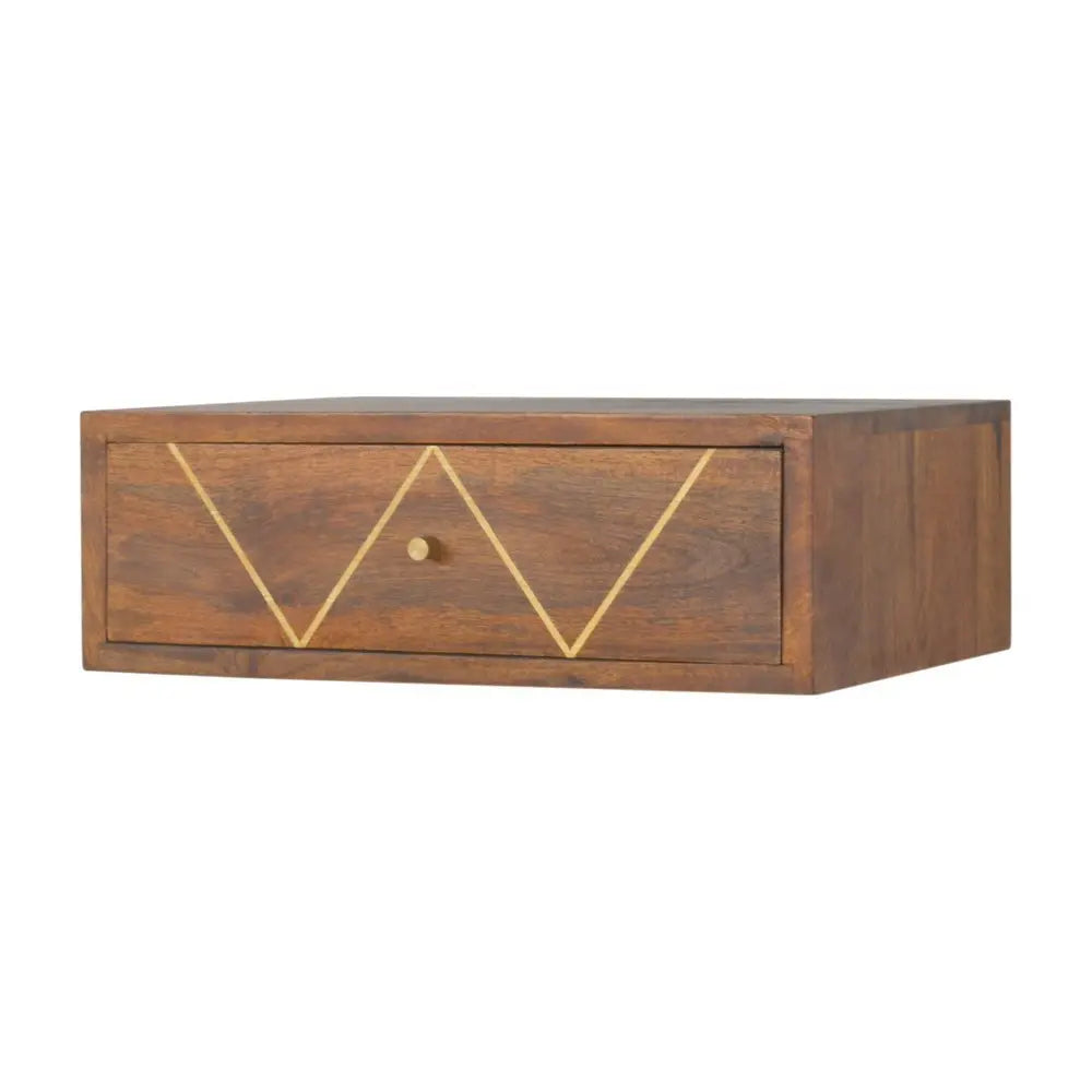 18" Brown Solid Wood Geometric Brass Inlay One Drawer Floating Nightstand - NOBLE HOME INTERIORS
