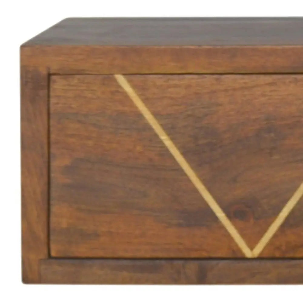 18" Brown Solid Wood Geometric Brass Inlay One Drawer Floating Nightstand - NOBLE HOME INTERIORS