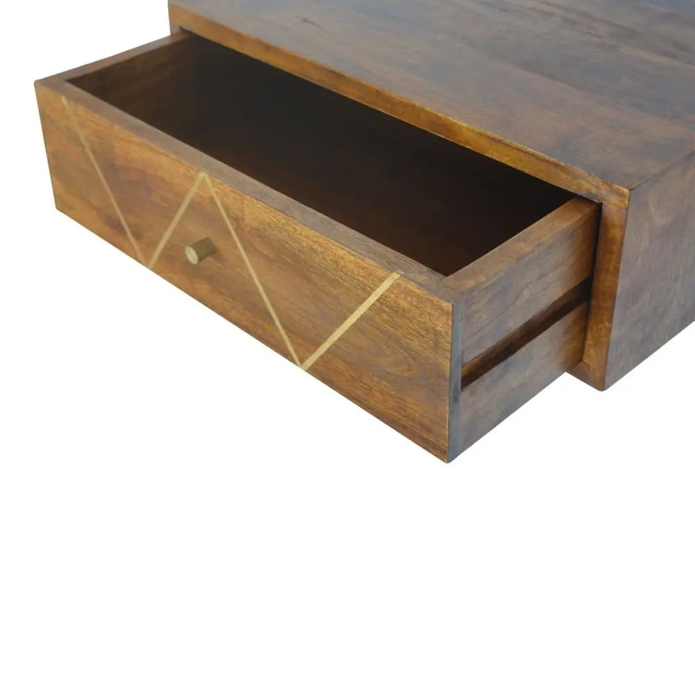 18" Brown Solid Wood Geometric Brass Inlay One Drawer Floating Nightstand - NOBLE HOME INTERIORS
