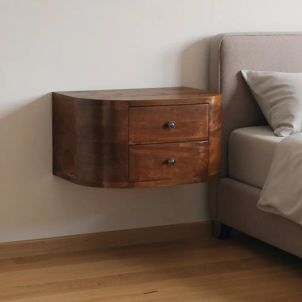 18" Brown Solid Wood Round Two Drawer Floating Nightstand - NOBLE HOME INTERIORS